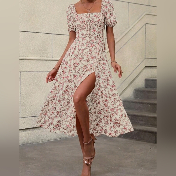NEW Boho Floral Print Ruched Top Tie Midi Dress Cream Ivory Pink - Picture 1 of 7